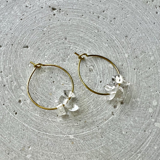 Sterling Silver Hoops with Rock Crystal Nuggets, Dainty Creole Earrings with Gemstone Beads