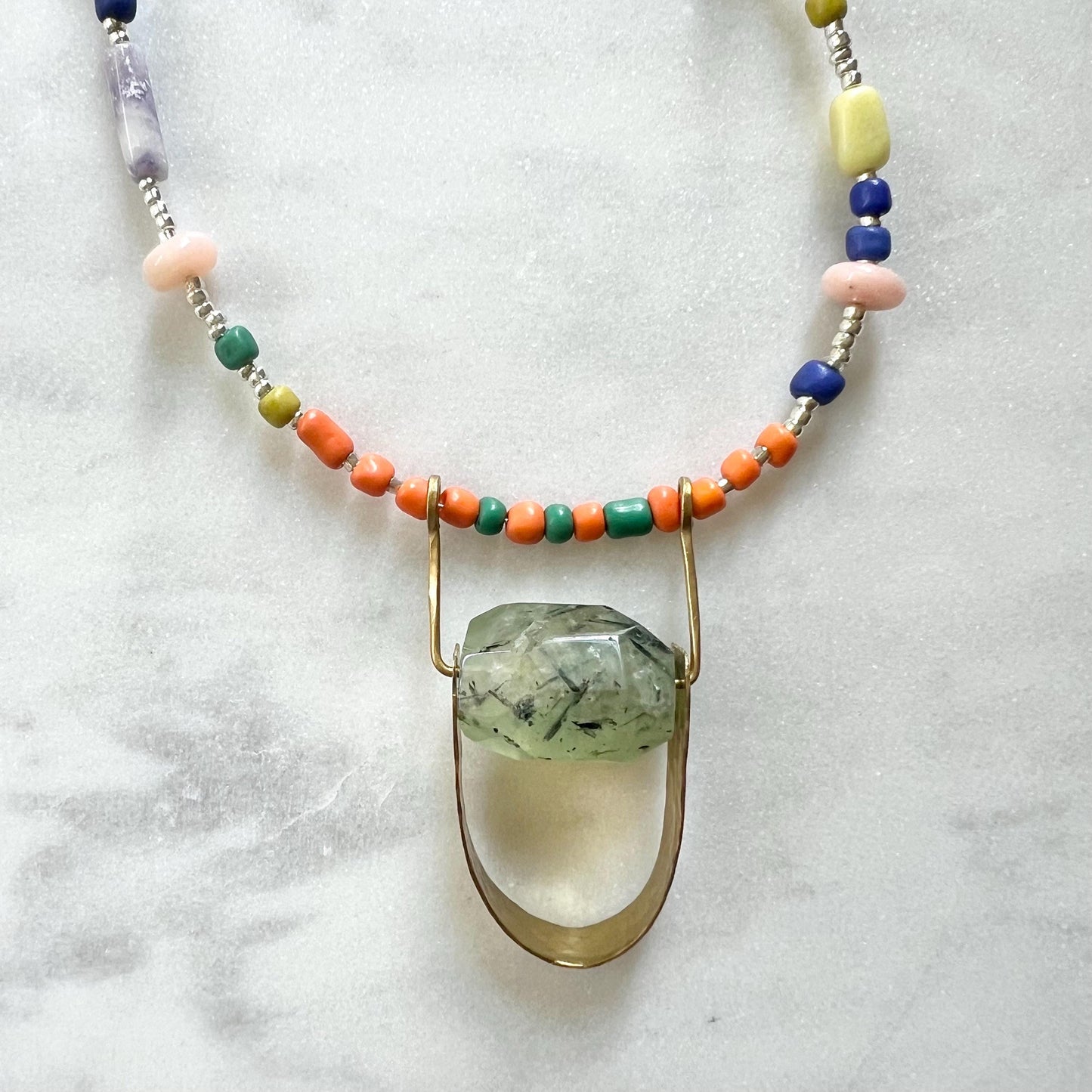 Long Colorful Gemstone and Seed Bead Necklace, Prehnite Pendant on Long Beaded Chain