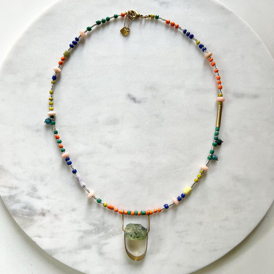 Long Colorful Gemstone and Seed Bead Necklace, Prehnite Pendant on Long Beaded Chain