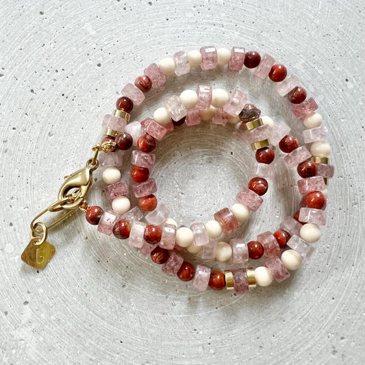 Strawberry Quartz and Red Jasper Necklace, Mixed Gemstone Chain, Pink and Red Beaded Stone Collier