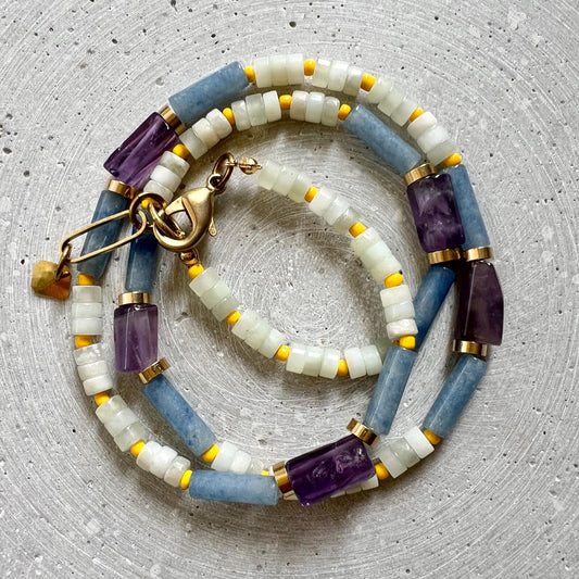 Amethyst and Jade Necklace, Colorful Surfer Necklace with Gemstones and Seed Beads