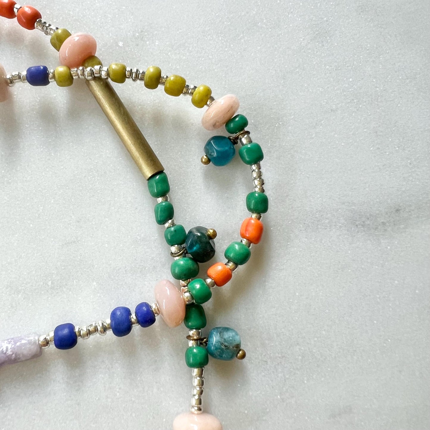 Long Colorful Gemstone and Seed Bead Necklace, Prehnite Pendant on Long Beaded Chain
