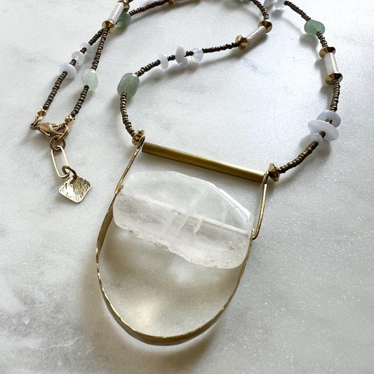 Long Mixed Quartz and Seed Bead Necklace with Aventurine and Agate Nuggets, Handmade Boho Statement Necklace