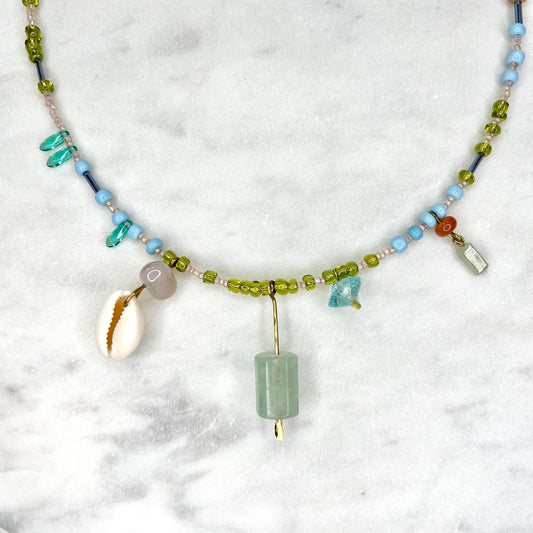 Charm Necklace with Fluorite Pendant, Blue and Green Beaded Boho Bib with Gemstones and Seed Beads