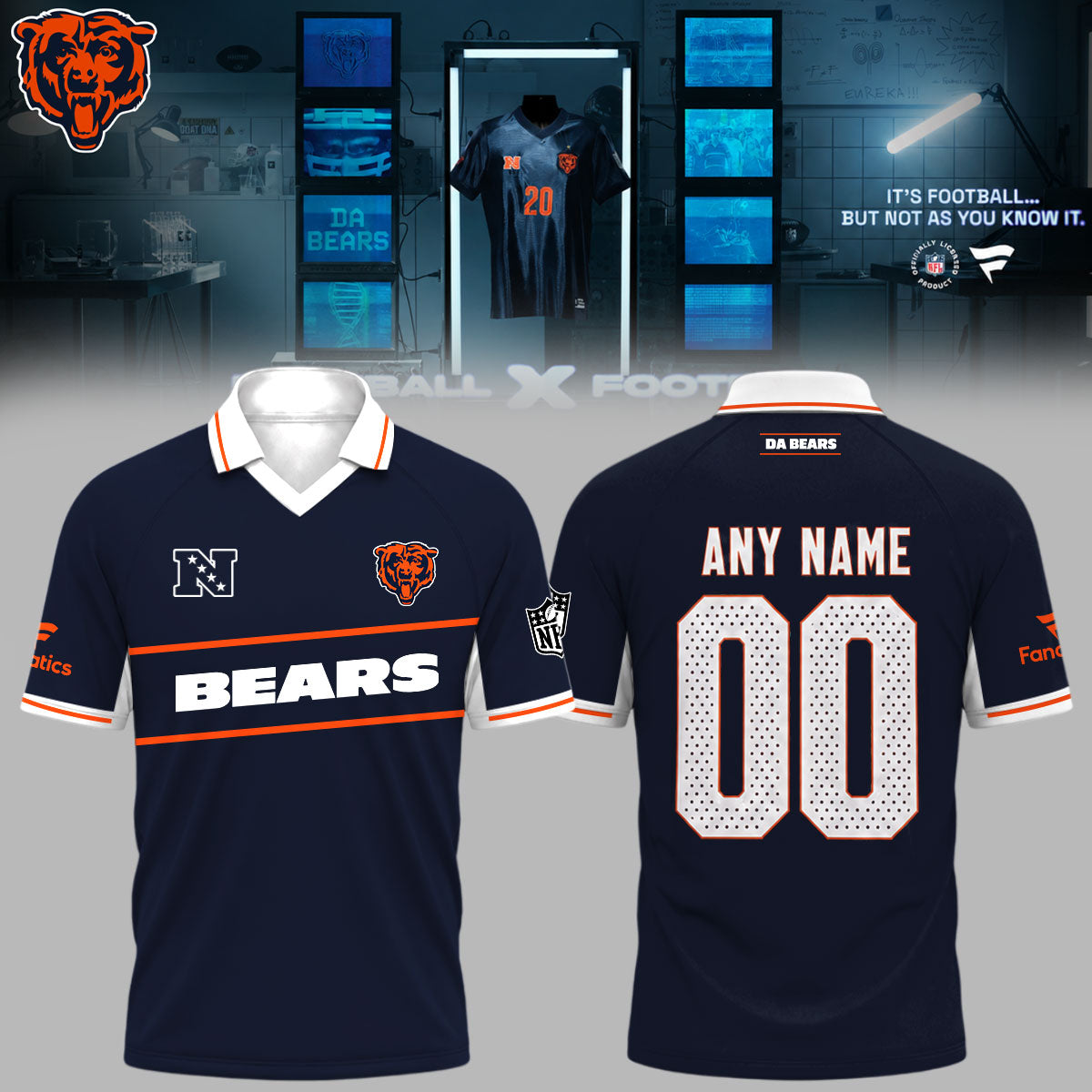 ,Chicago Bears Football x Football Collared Fan Top – Polo (Custom Name &amp; Custom Number)