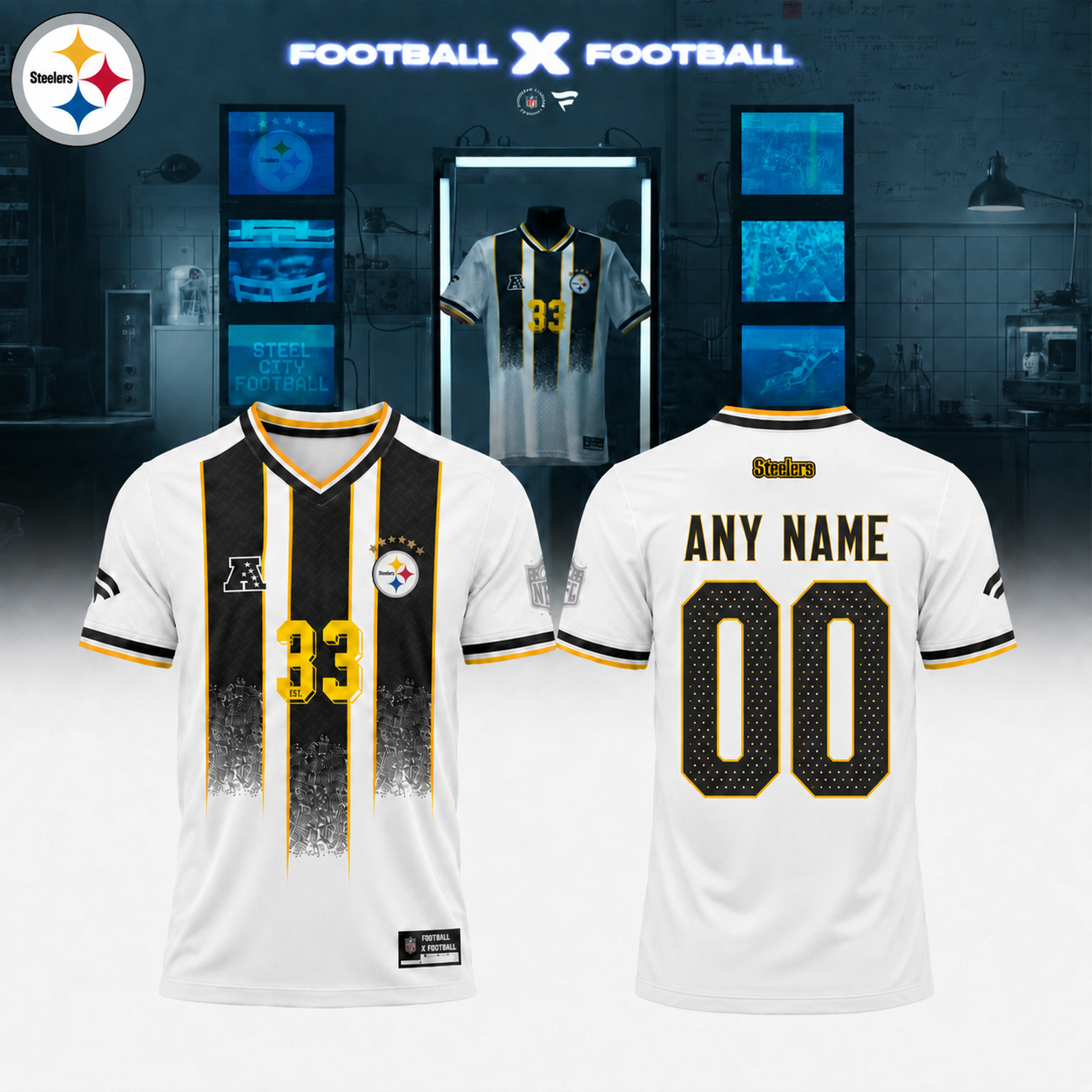 .Pittsburgh Steelers Football x Football Collared Fan Top – Jersey (Custom Name &amp; Custom Number)