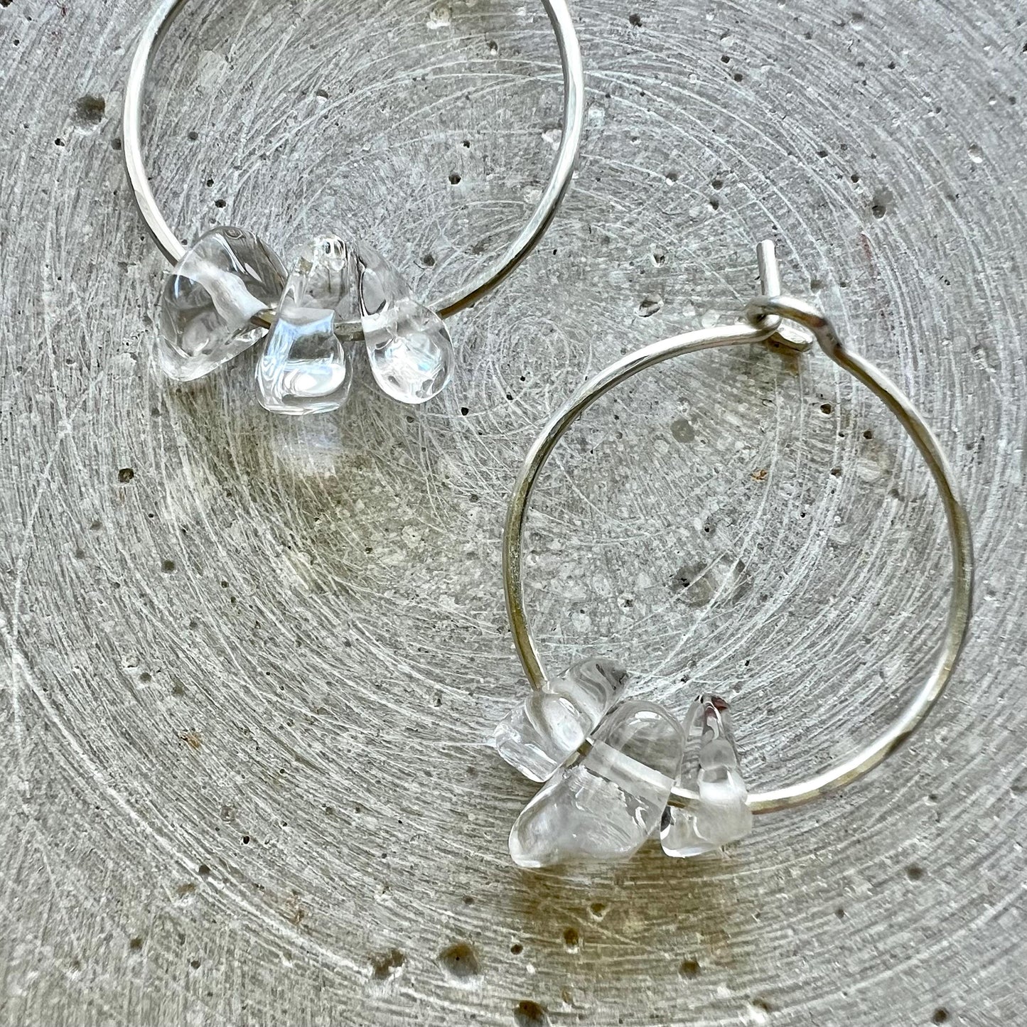 Sterling Silver Hoops with Rock Crystal Nuggets, Dainty Creole Earrings with Gemstone Beads