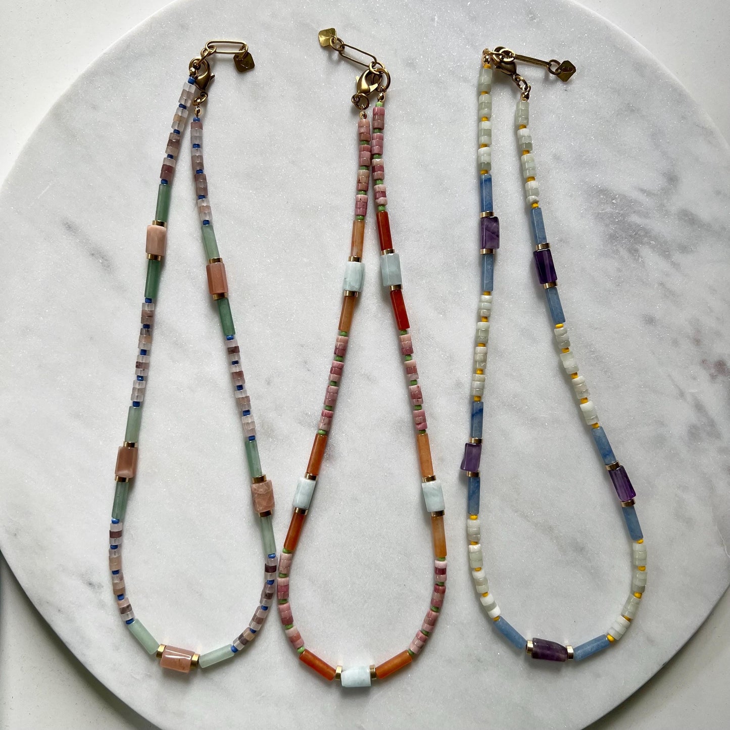 Amethyst and Jade Necklace, Colorful Surfer Necklace with Gemstones and Seed Beads