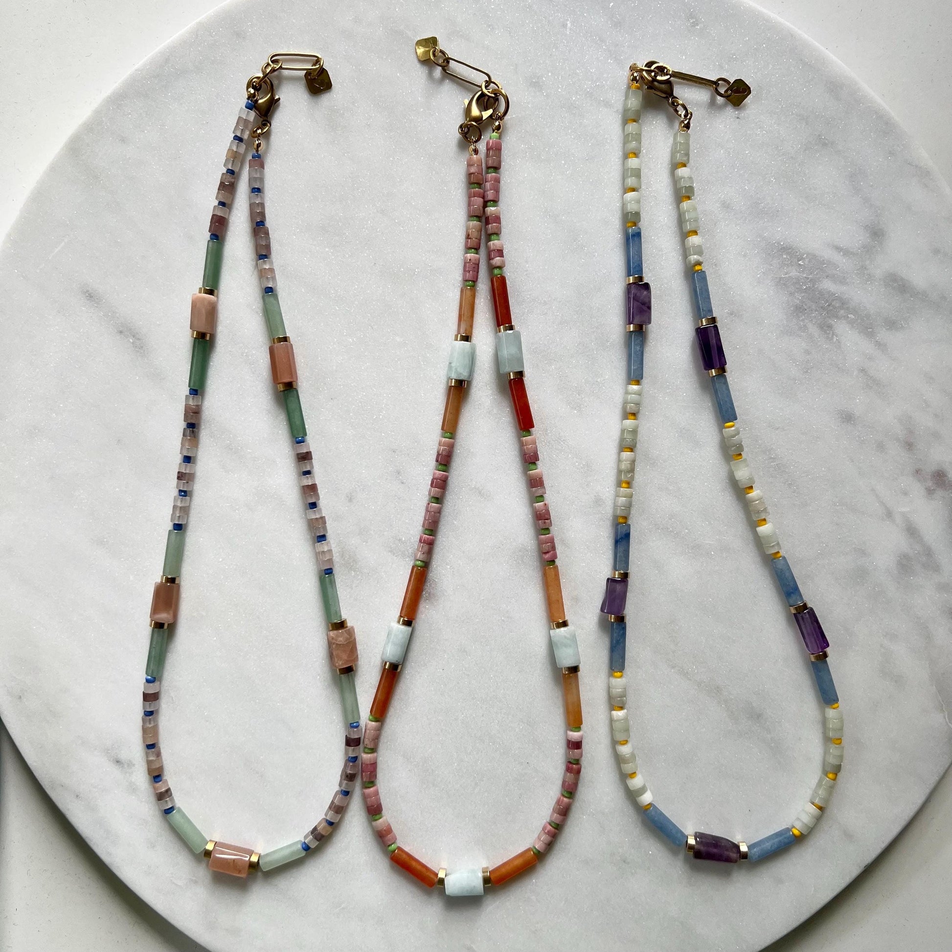Amethyst and Jade Necklace, Colorful Surfer Necklace with Gemstones and Seed Beads