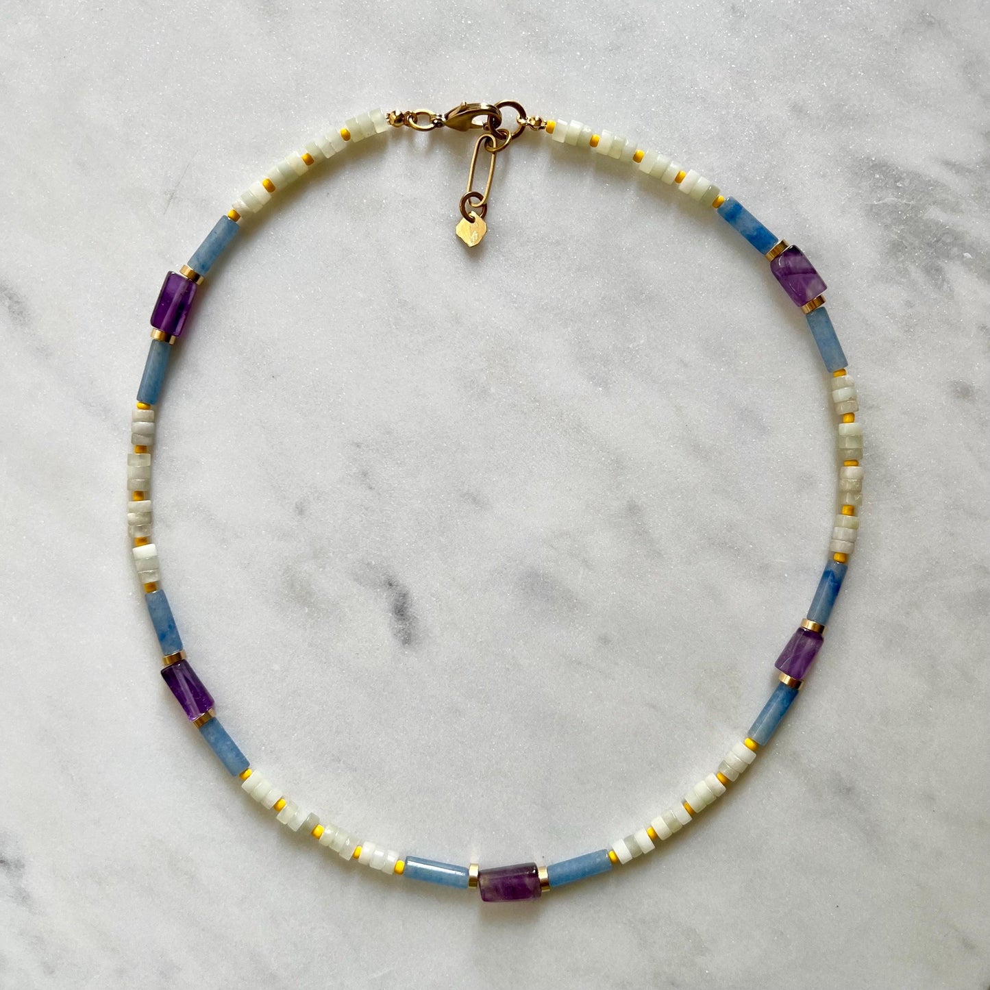 Amethyst and Jade Necklace, Colorful Surfer Necklace with Gemstones and Seed Beads