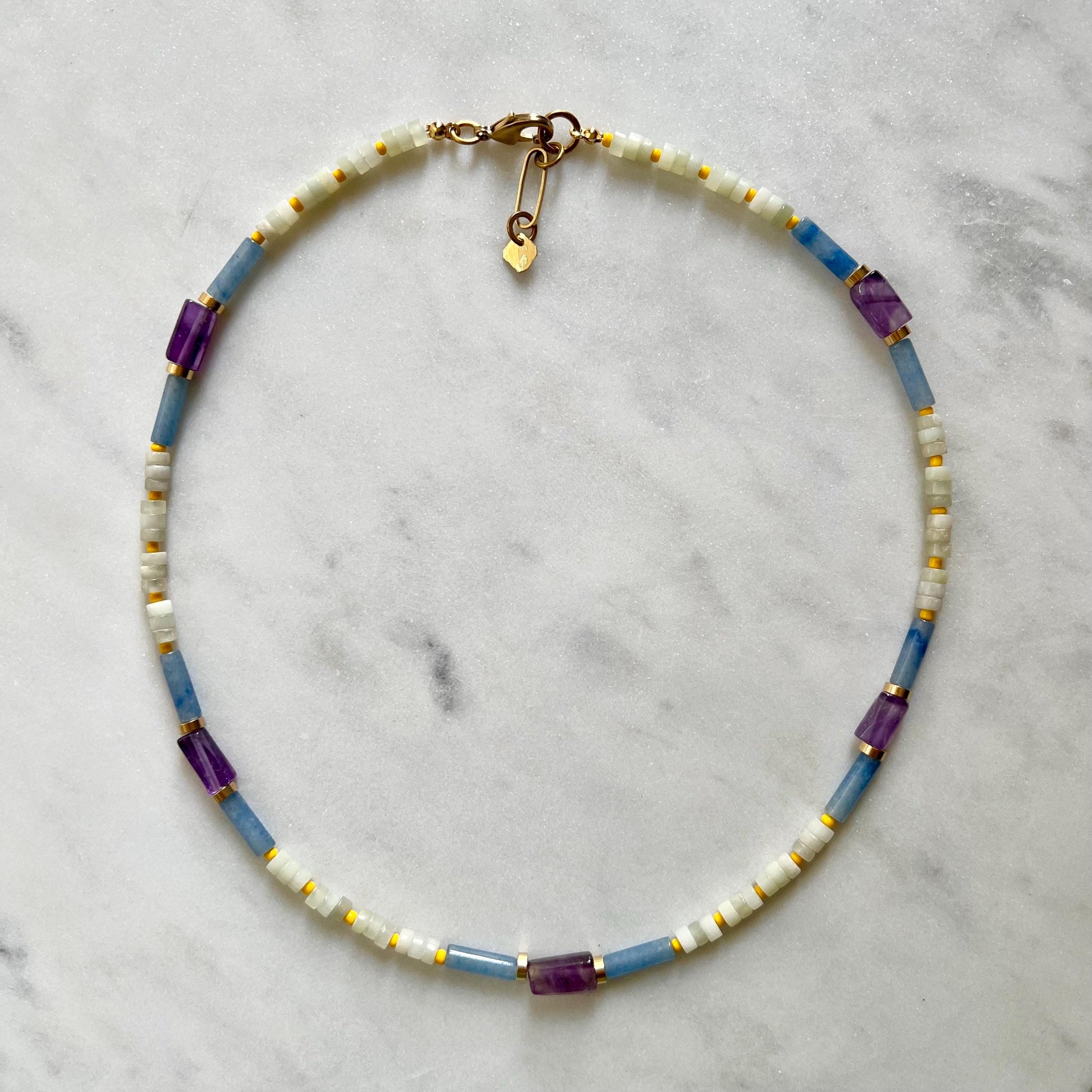 Amethyst and Jade Necklace, Colorful Surfer Necklace with Gemstones and Seed Beads