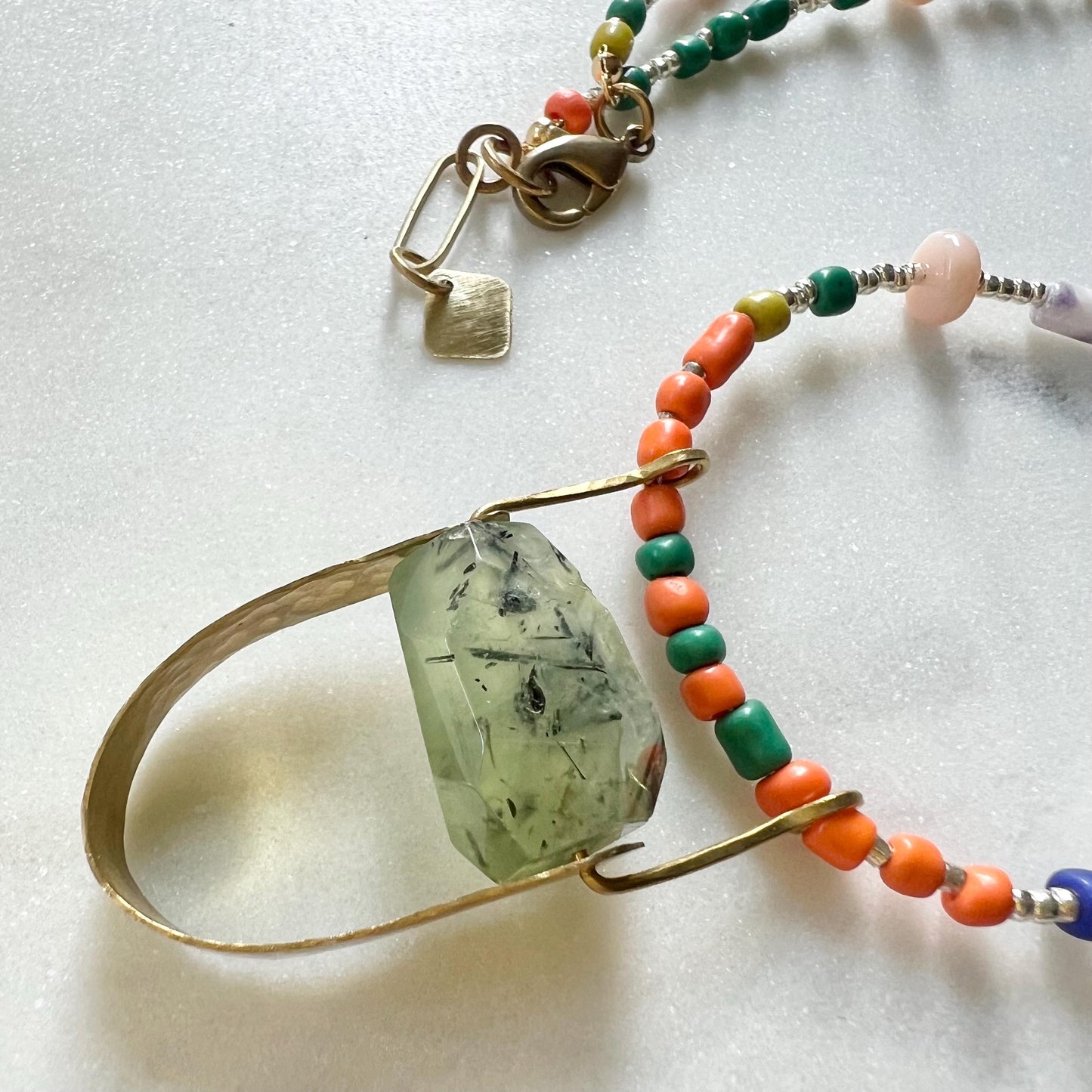 Long Colorful Gemstone and Seed Bead Necklace, Prehnite Pendant on Long Beaded Chain
