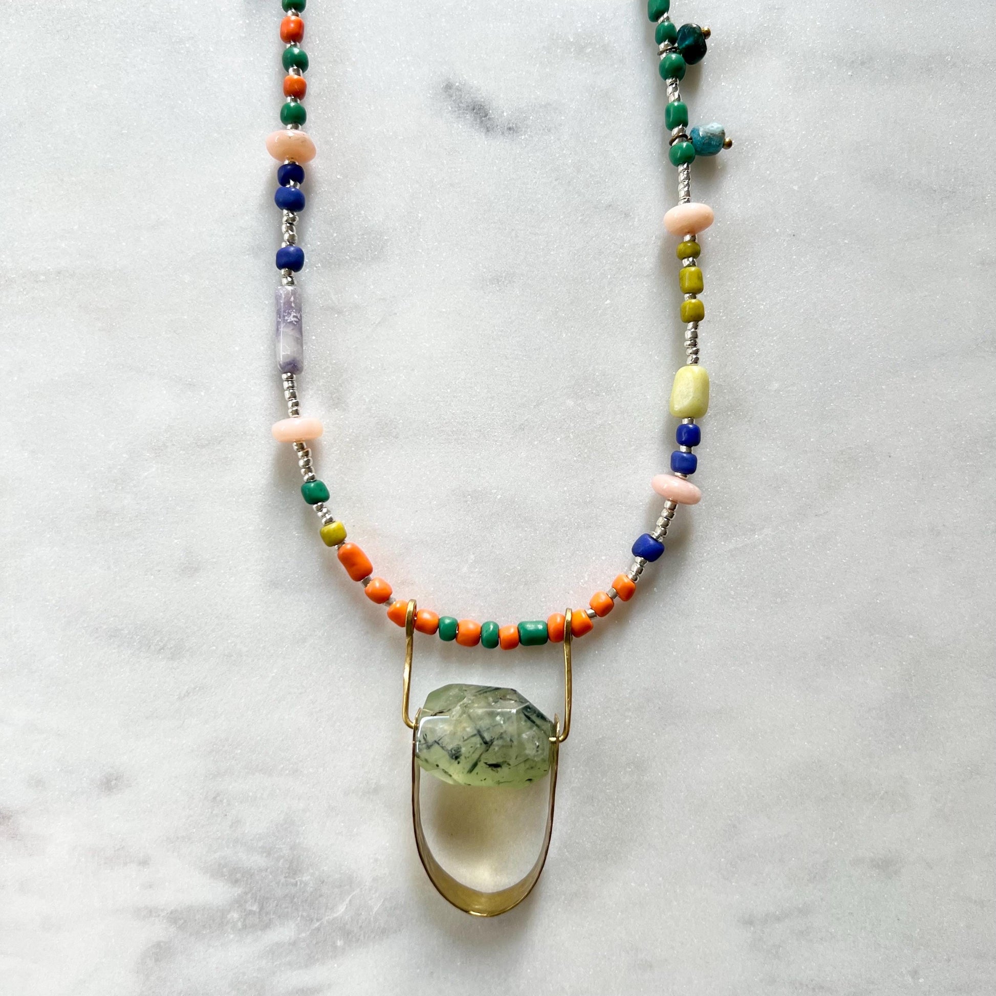 Long Colorful Gemstone and Seed Bead Necklace, Prehnite Pendant on Long Beaded Chain