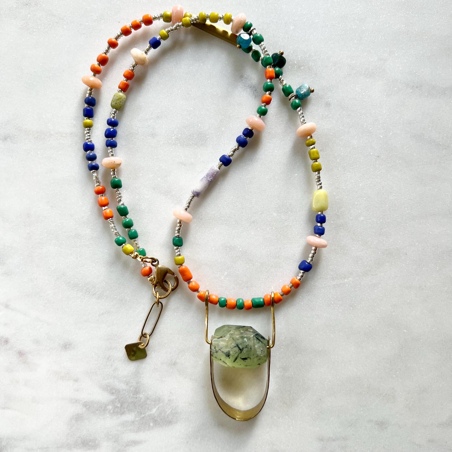 Long Colorful Gemstone and Seed Bead Necklace, Prehnite Pendant on Long Beaded Chain