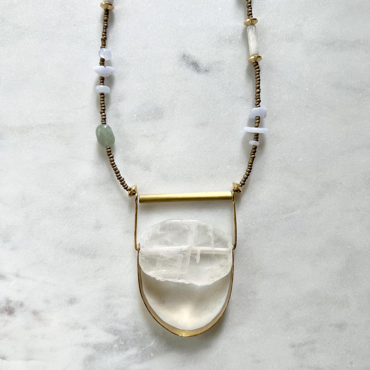 Long Mixed Quartz and Seed Bead Necklace with Aventurine and Agate Nuggets, Handmade Boho Statement Necklace