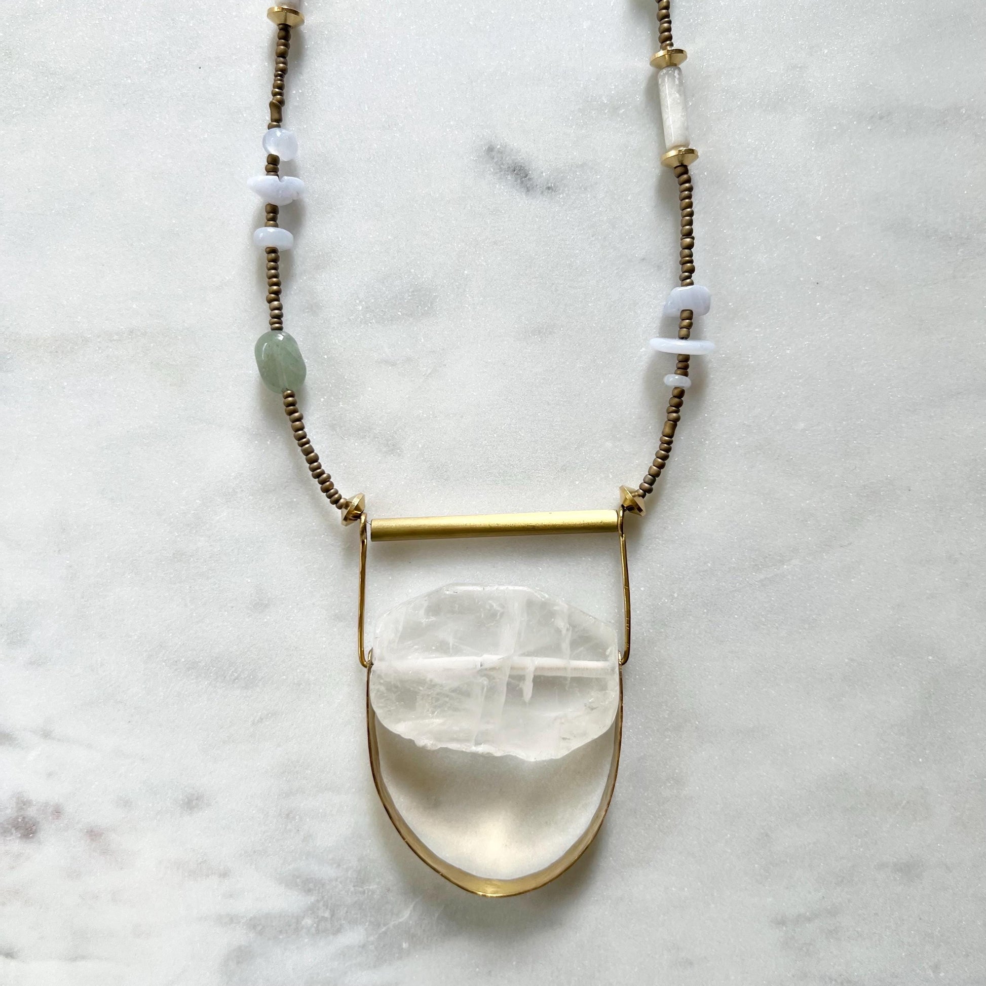 Long Mixed Quartz and Seed Bead Necklace with Aventurine and Agate Nuggets, Handmade Boho Statement Necklace
