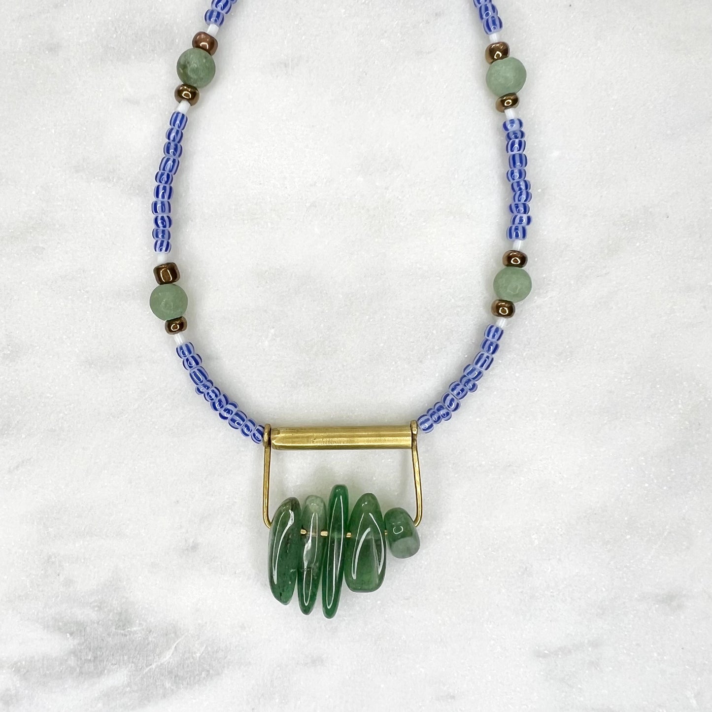Royal Blue Seed Bead Necklace with Aventurine Pendant, Blue and Green Boho Jewelry, One of a Kind