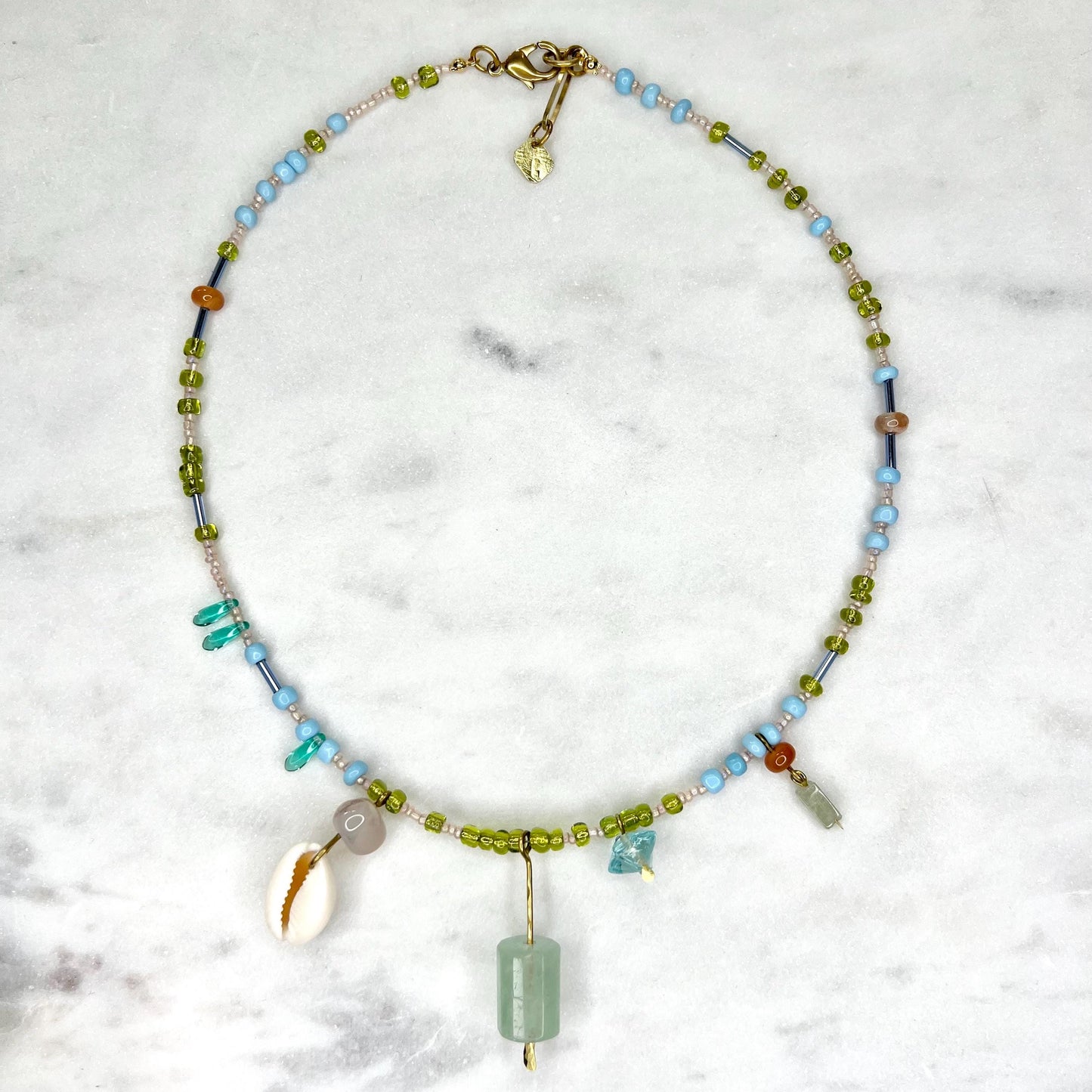 Charm Necklace with Fluorite Pendant, Blue and Green Beaded Boho Bib with Gemstones and Seed Beads