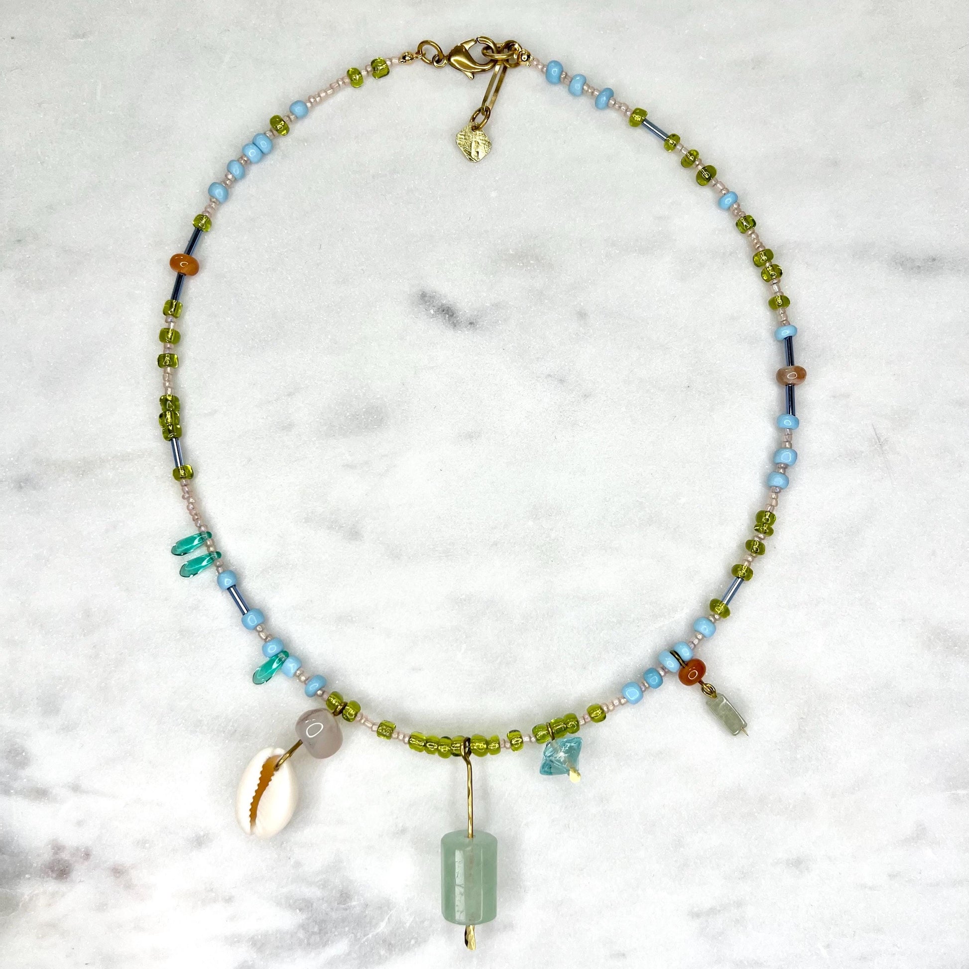 Charm Necklace with Fluorite Pendant, Blue and Green Beaded Boho Bib with Gemstones and Seed Beads