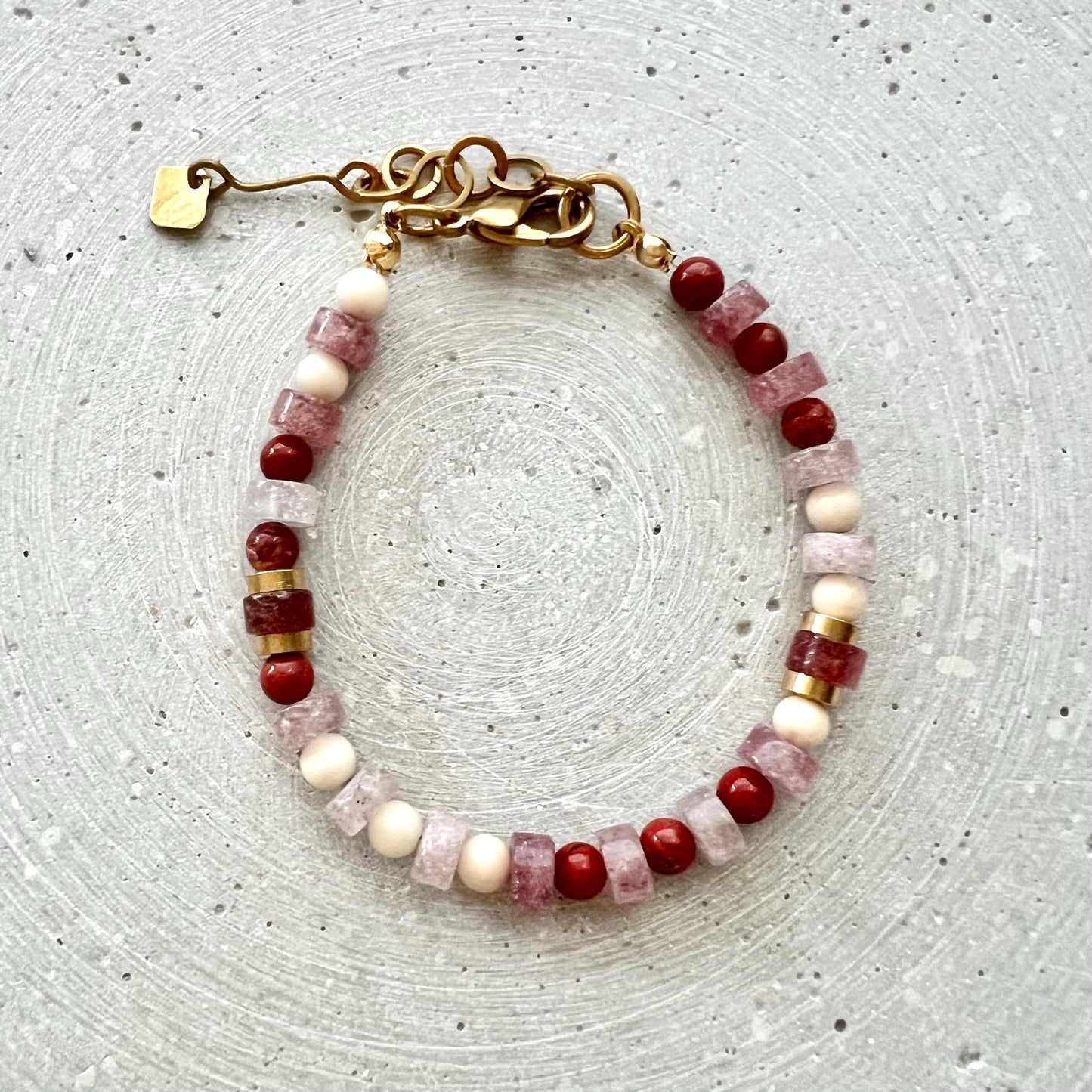 Strawberry Quartz Bracelet with Jasper Beads, Pink Red Gemstone Bracelet