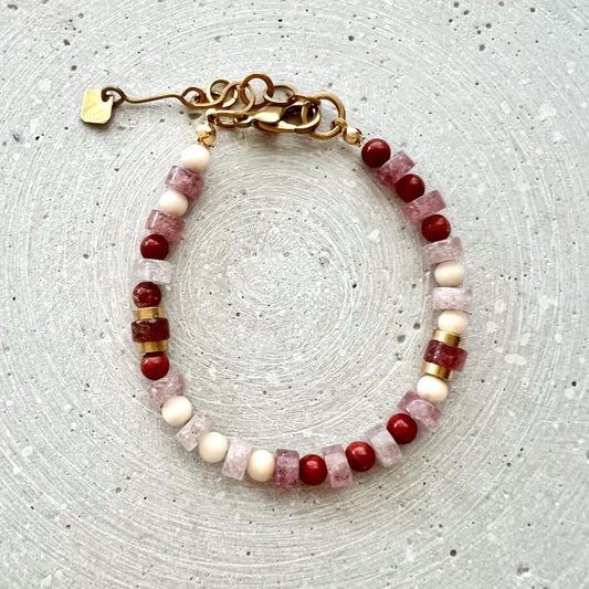 Strawberry Quartz Bracelet with Jasper Beads, Pink Red Gemstone Bracelet