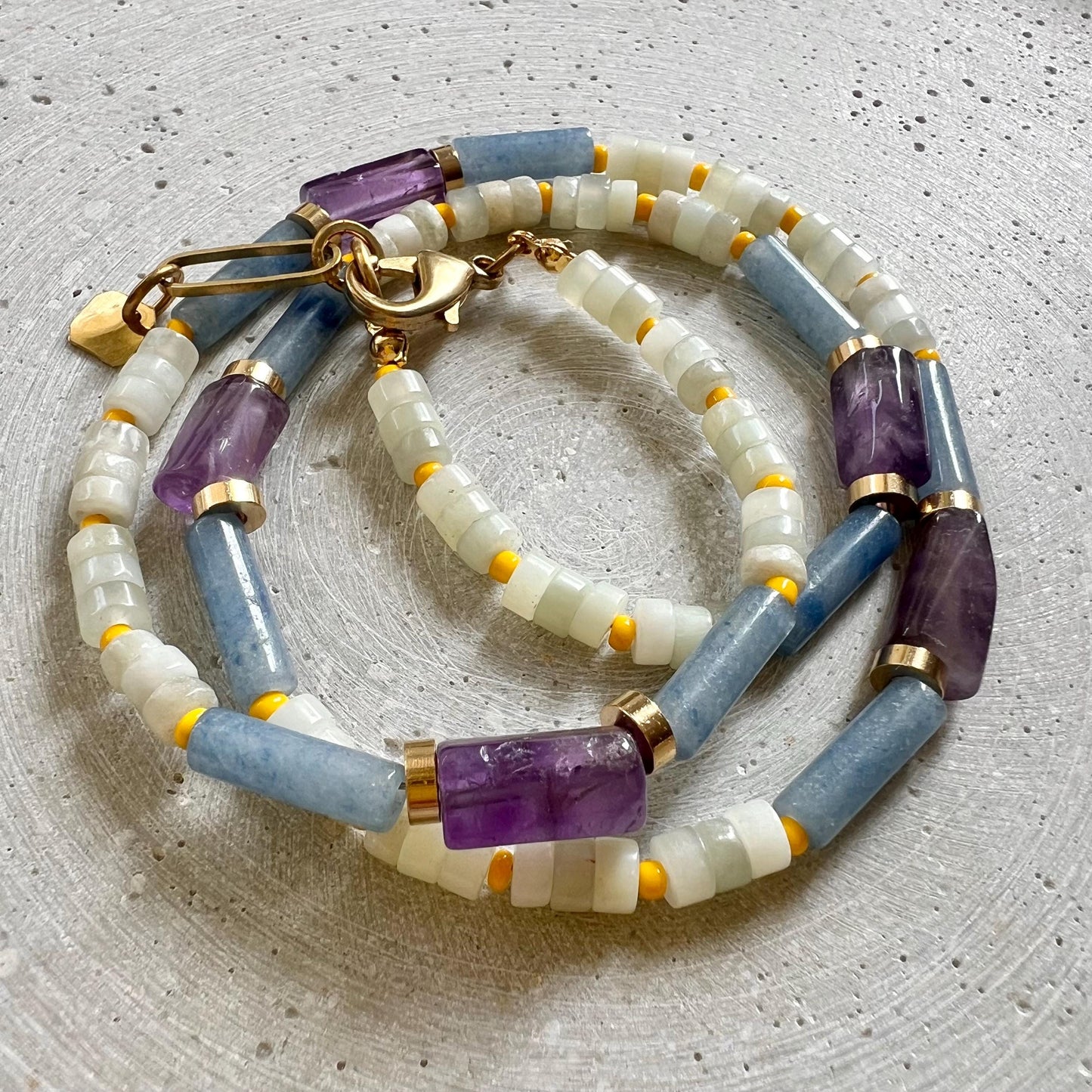 Amethyst and Jade Necklace, Colorful Surfer Necklace with Gemstones and Seed Beads