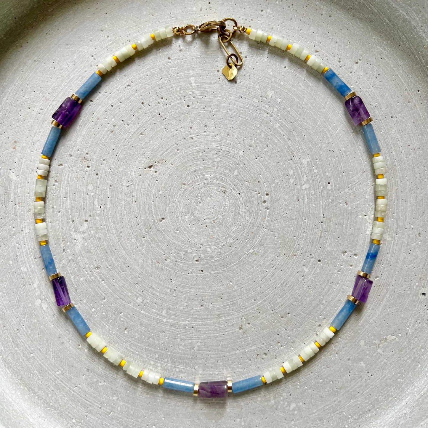 Amethyst and Jade Necklace, Colorful Surfer Necklace with Gemstones and Seed Beads