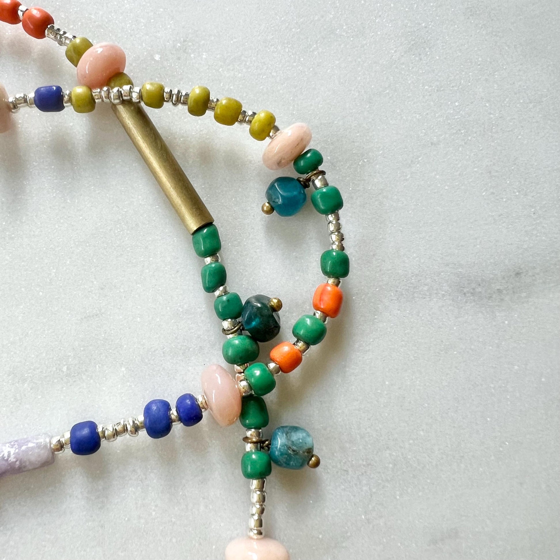 Long Colorful Gemstone and Seed Bead Necklace, Prehnite Pendant on Long Beaded Chain