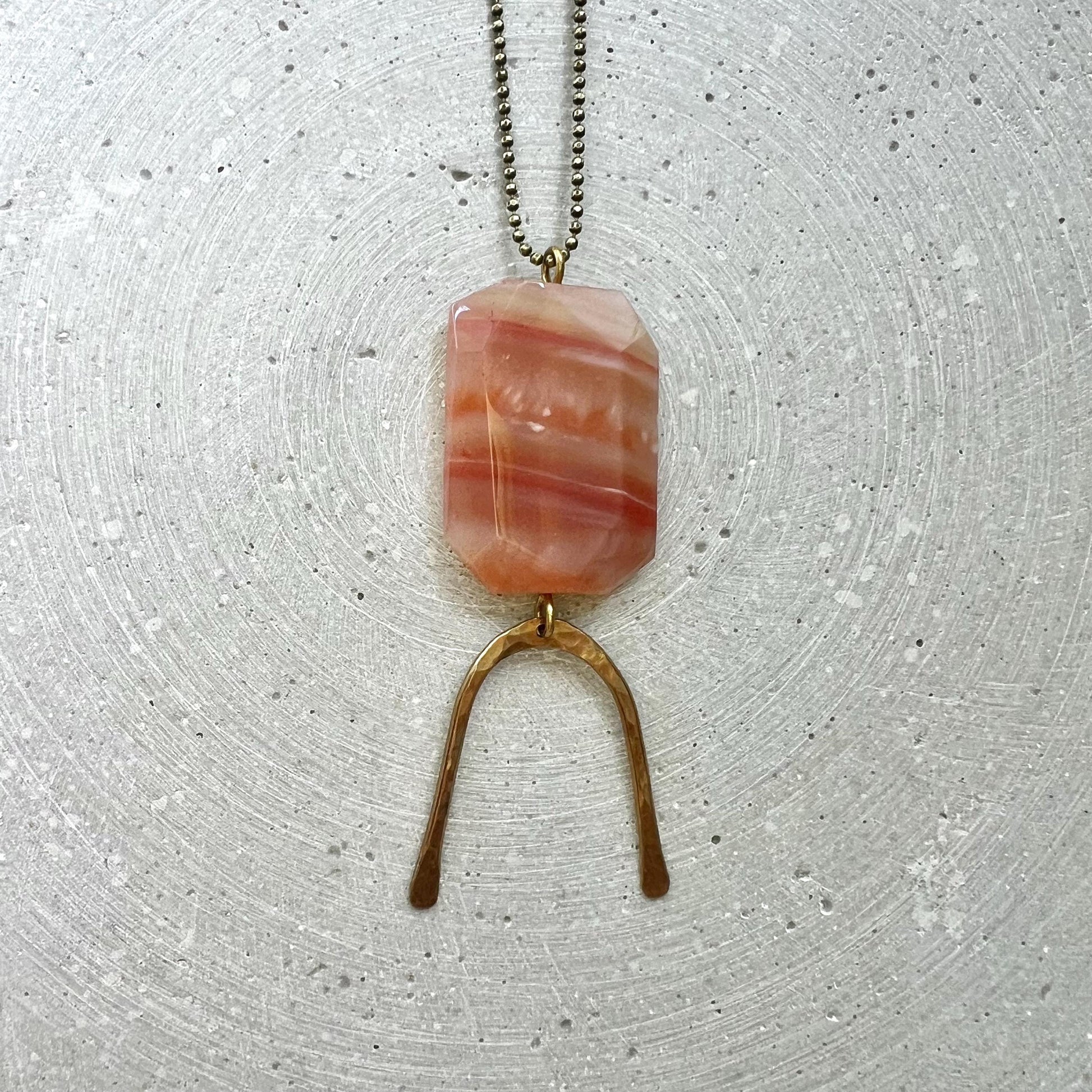 Agate Stone Pendant on Long Ball Chain, Gemstone Disc with Hammered Brass Arc, Boho Hippie Jewelry, No Clasp Necklace