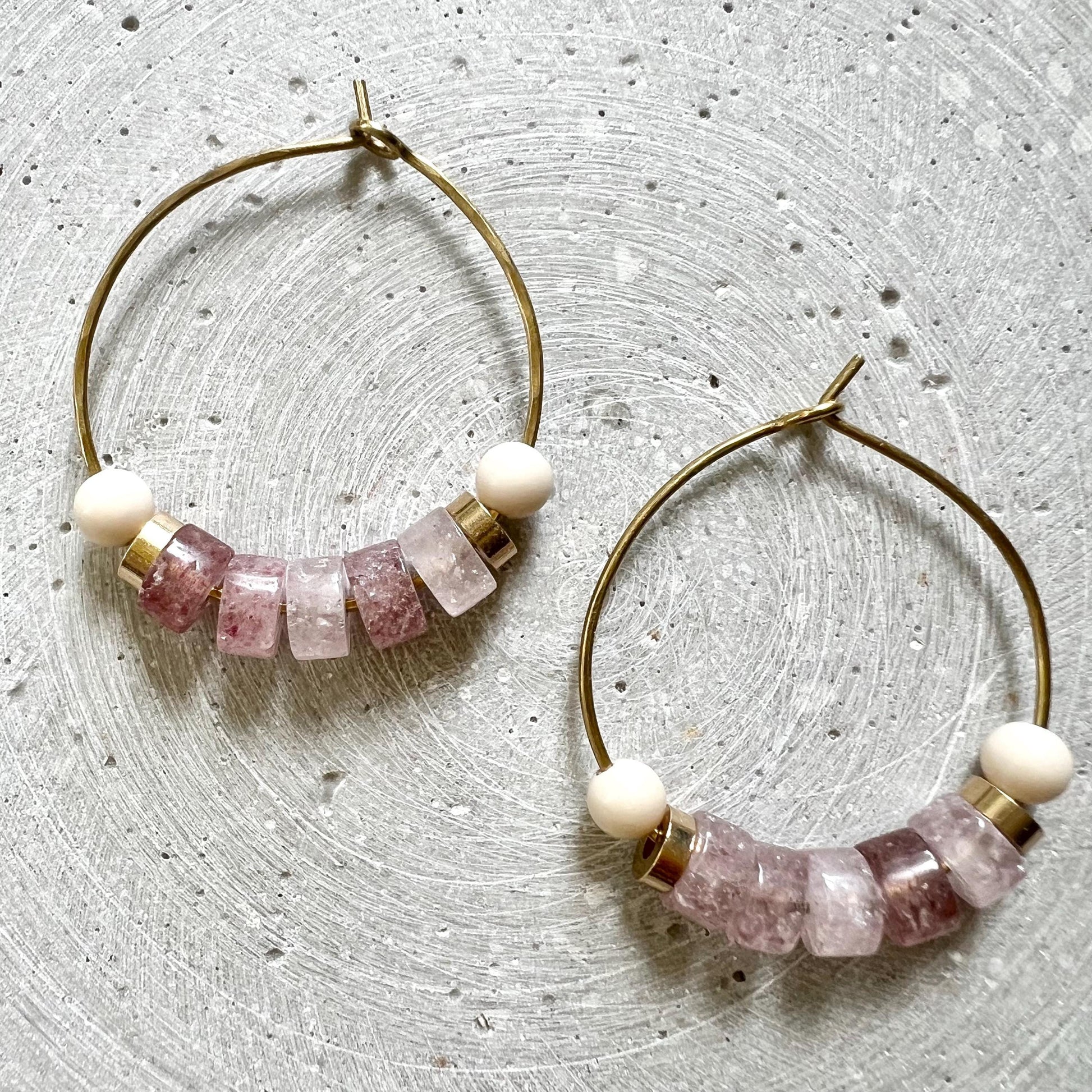 Strawberry Quartz Creoles with Red Jasper, Dainty Hoop Earrings with Gemstone Beads, Handmade Beaded Jewelry